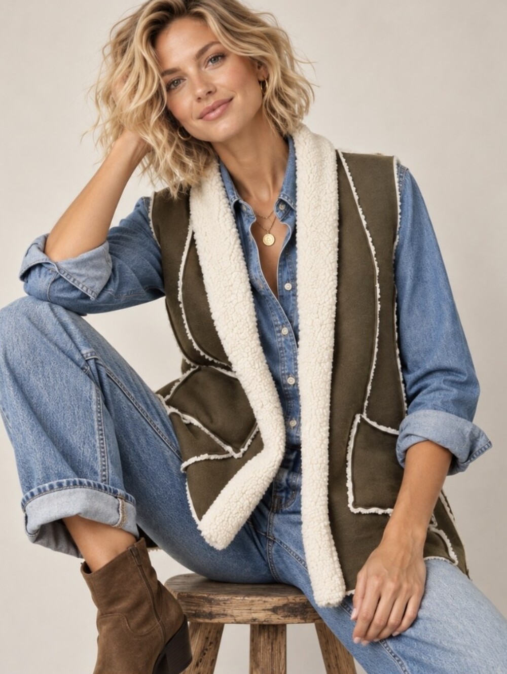 Habitat Sherpa Lined Vest Olive Green Cabincore Indie Western Size Small NWT $83